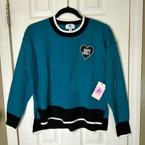NWT JUICY Sweater Peacock Blue White Black Trim Side Slits Size Small